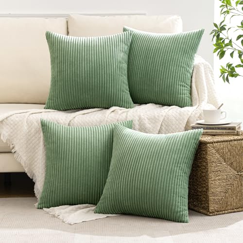 Image of MIULEE Boho Farmhouse Throw Pillow Covers 18x18 Inch Set of 4 Mordern Nordic Cushion Covers Soft Corduroy Spring Home Decor for Couch Bed Sofa Living Room Sage Green