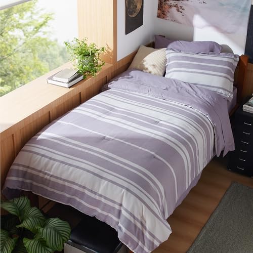 Image of Bedsure Twin XL Comforter Set 5 Pieces, Purple Striped Bedding Set for All Seasons, Reversible, Cationic Dyeing Bed in a Bag with Comforter, Sheets, Pillowcase & Sham