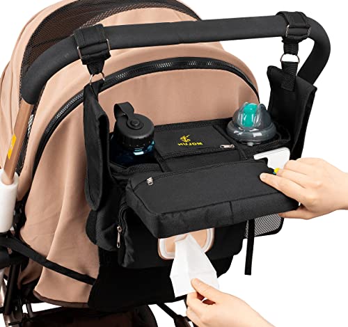 Image of HUJOM Universal Stroller Organizer with Insulated Cup Holders, Shoulder Strap, Phone Bag and Wipes Pocket. Caddy Fits Uppababy, Baby Jogger, Britax, BOB. Must have Stroller Accessories.