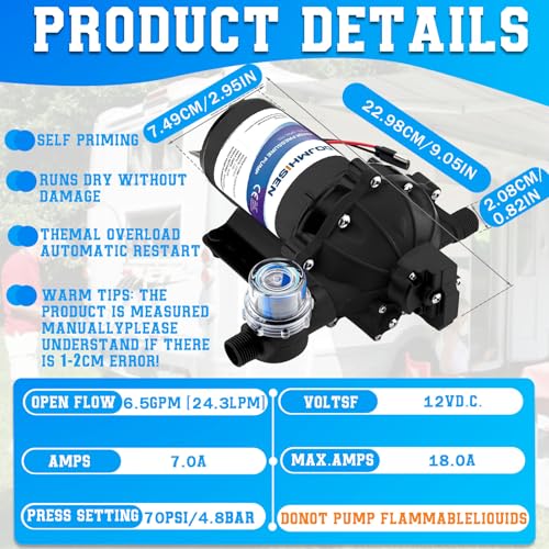 Image of RV Water Pump,6.5GPM 70PSI 12V DC Fresh Water Pump, Five Chamber Self-Priming Diaphragm Water Pump,Water Pressure Pump with Pressure Switch,for RV, Garden, Yacht, Camping，Marine.