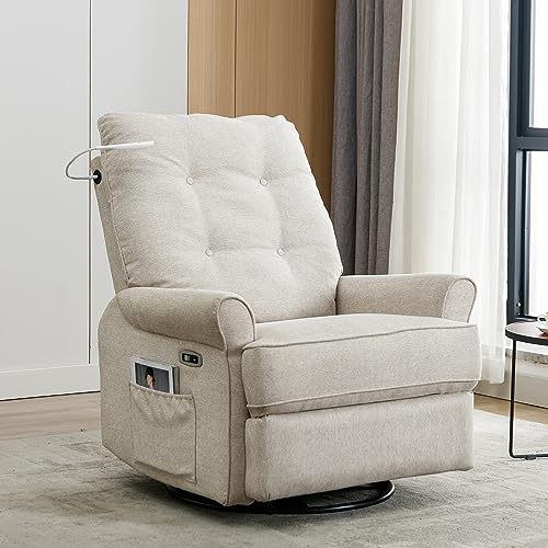 Image of LUMISOL Power Recliner Chair Swivel Glider Rocker, Electric Glider Reclining Sofa Chair with USB Ports, Nursery Recliner with Side Pockets and Touch Sensitive Light for Living Room, Bedroom (Cream)