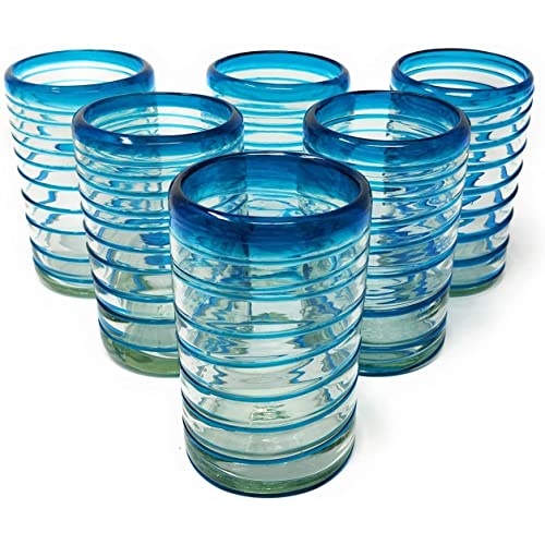 Set de 6 vasos mexicanos soplados a mano 14 oz azul