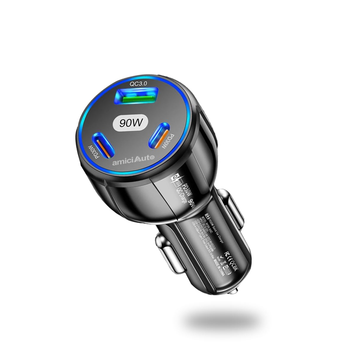 amiciAuto 90W HighPower Car Charger with Triple USB Ports with PD3.0 & QC 3.0 Fast Charging