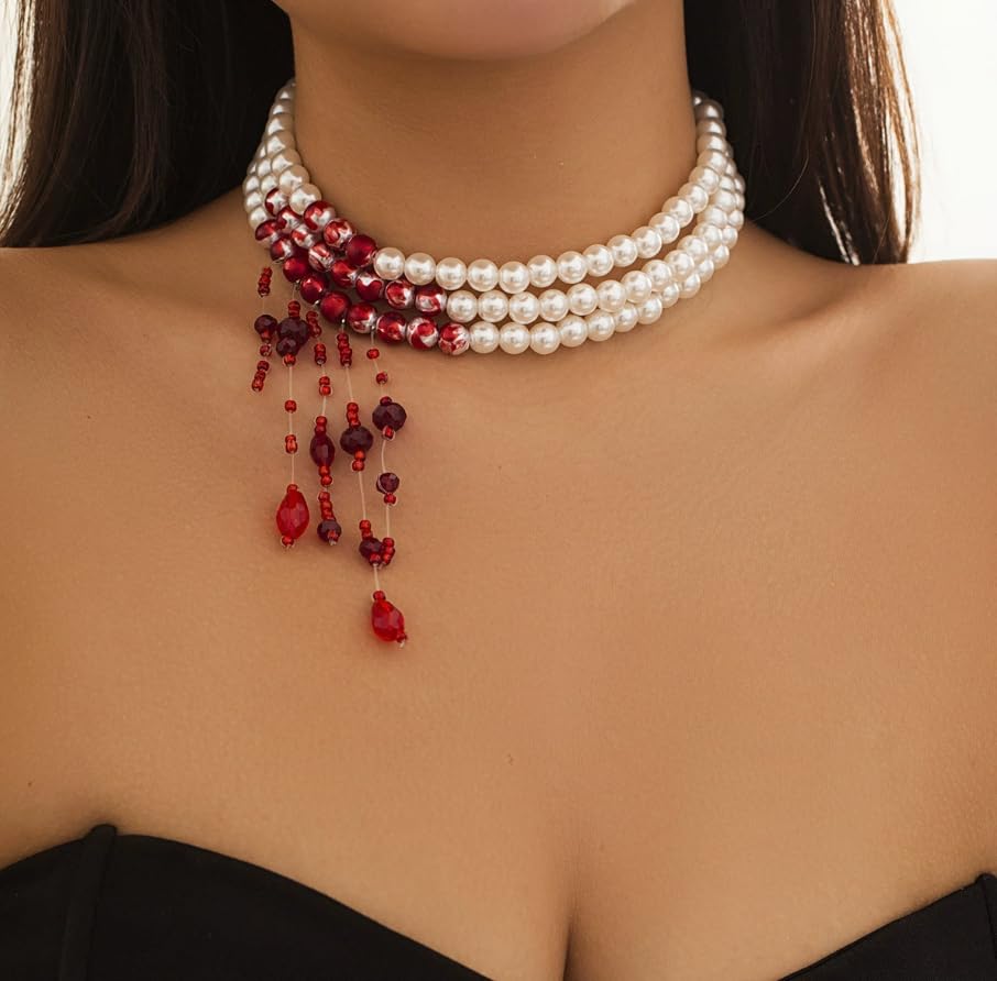 Dripping Vampire Necklace for Women Gothic Blood Pearl Choker Layered Bleeding Pearls Vampire Necklaces Halloween Dark Bridal Vampires Witch Party Jewelry Accessories4