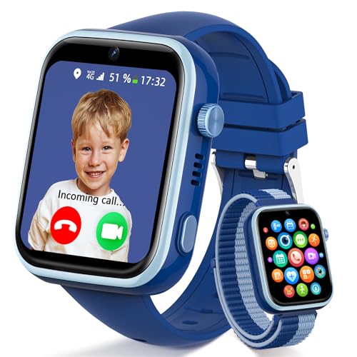 4G Smartwatch Kinder mit Videoanruf und Telefon, IP68 Wasserdicht Kinderuhr Voice Chat, WhatsApp, WiFi, GPS, SOS, SMS, Schulmodus, Schrittzähler, Schlafen Wecker Kinderuhr für Mädchen und Jungen, Blau