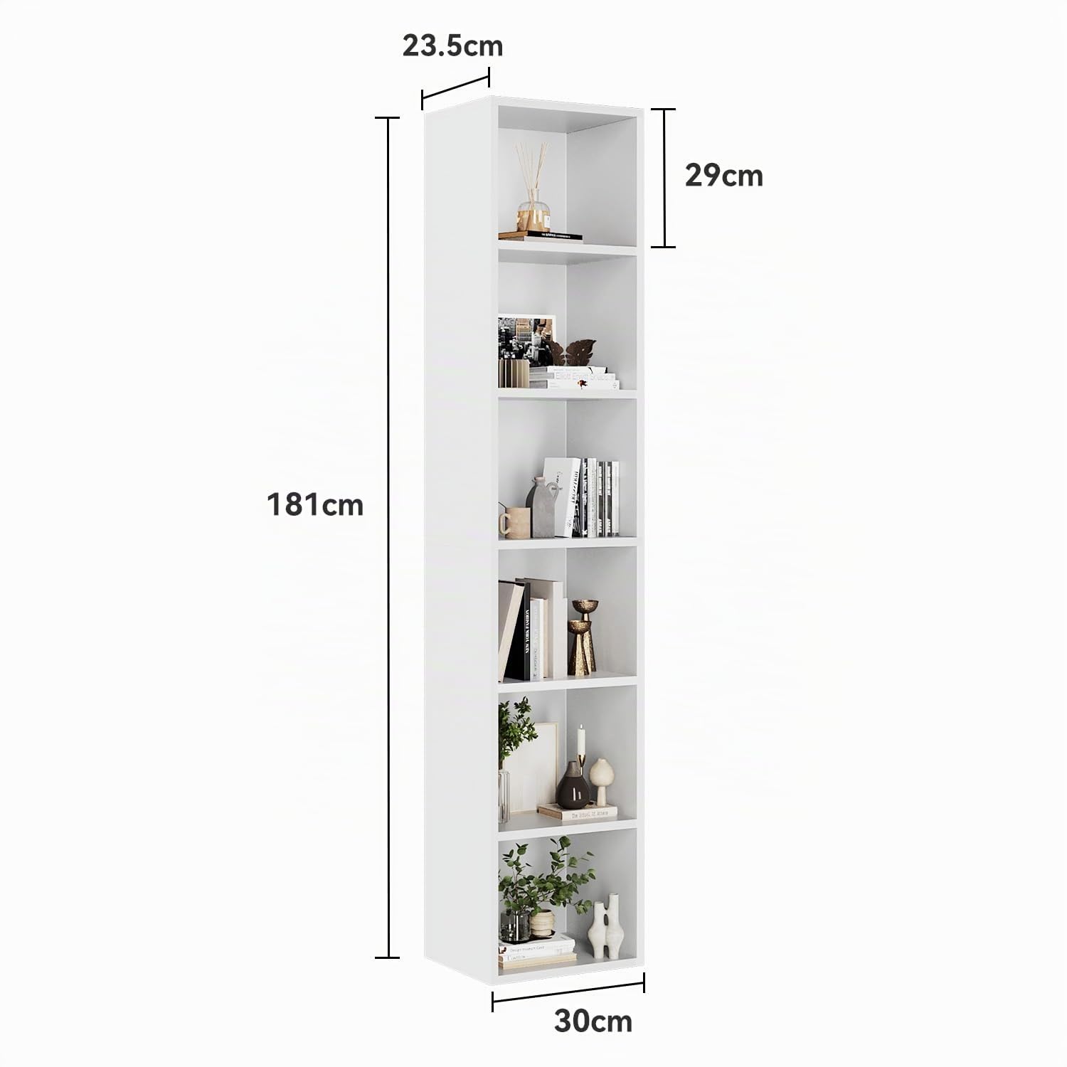 oneinmil Libreria Stretta Alta 6 Ripiani, Scaffale a Colonna con Cubi Portatutto, Design Moderno per Soggiorno, Camera da Letto, Ufficio Domestico, 30 x 23.5 x 181 cm, Bianco