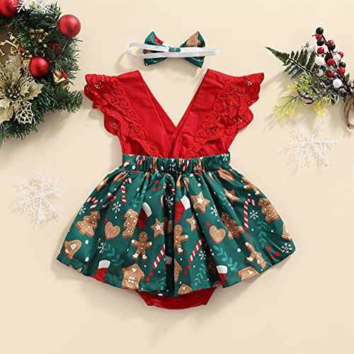 Newborn Baby Girl Christmas Romper Dress Lace Sleeveless Tutu Bodysuit Xmas Outfit + Headband My First Christmas Clothes (Green, 0-3 Months) #TOP2