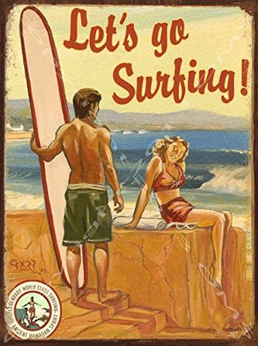 OMSignsLets Go Surfing Metal Sign, Rick Sharp Art, Vintage Surfboard, Retro Island Lifestyle