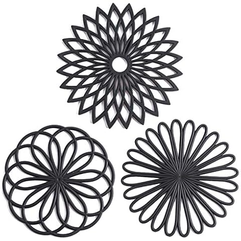 Set of 3 Silicone Trivet Mat - Hot Pot Holder Hot Pads for Table & Countertop - Trivet for Hot Dishes - Non-Slip & Heat Resistant Modern Kitchen Hot Pads for Pots & Pans, Black Cover