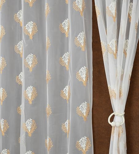 Image of littlelotus Floral Embroidery Tissue Net Sheer Transparent Curtains for Door 9 feet Long Set of 2, White