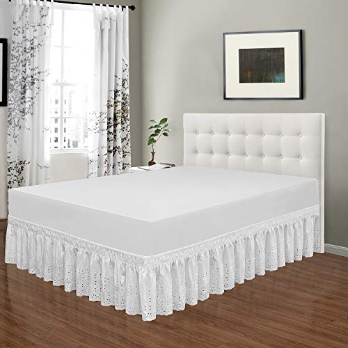 Qsy Home Wrap Around Elastic Eyelet Bed Skirts 14 1/2 Inches Drop Dust Ruffle Three Fabric Sides Easy On/Easy Off Adjustable Polyester Cotton(White Queen/King) #TOP1