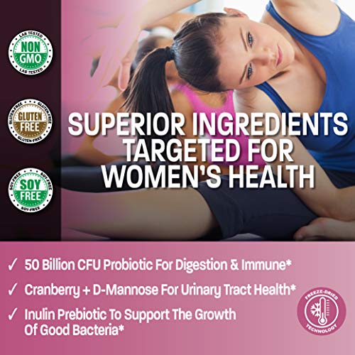 Bronson Women's Probiotic 50 Billion Cfu + Prebiotic With Cranberry & D-Mannose – Vaginal Health, Healthy Digestion, Immune Function And Urinary Tract Support, Non-Gmo, 60 Vegetarian Capsules #TOP2