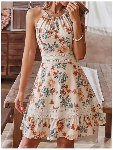 Image of Floerns Women's Contrast Lace Sleeveless Halter Dress Backless Vacation A Line Dress