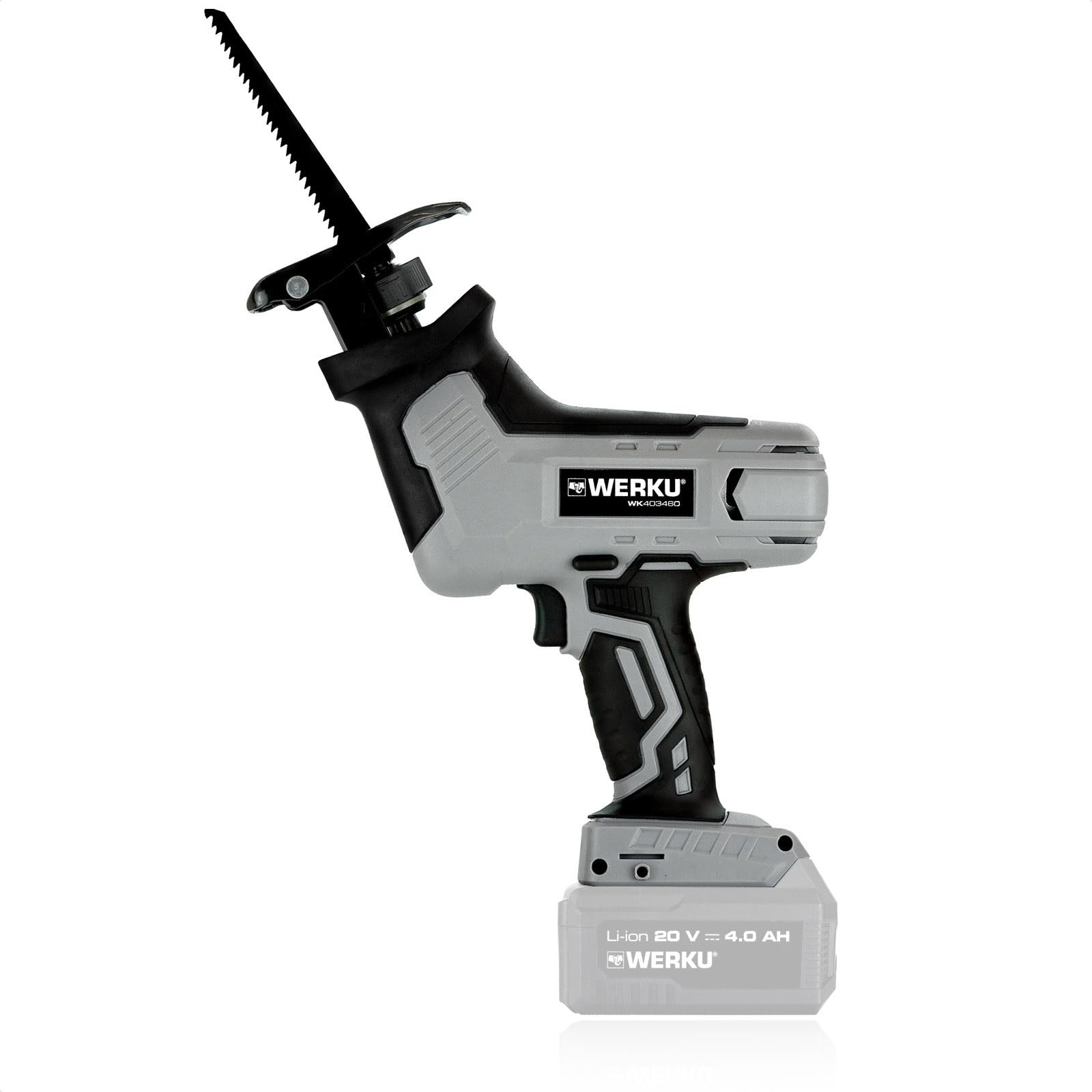 Werku WK403460, Sierra Sable Inalámbrica, Calidad Profesional, Potencia 20 V, Sistema Luz LED Visión, Incluye 2 Hojas Sierra, No Incluye Batería y Cargador
