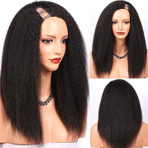 Kinky Straight 1X4 U Part Wigs with Combs Remy Human Hair Wigs for Black Women Italian Yaki Straight Human Hair Wigs 130% Density Natural Color 14"