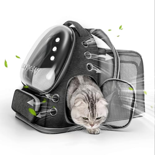 Image of Cat Backpack Carrier, Breathable Cat Carrier Large Space Bubble Pet Backpack for Kitty Small Dog up to 15lbs, Transparent & Foldable Pet Carrier for Travel Hiking (Square Expandable- Black)