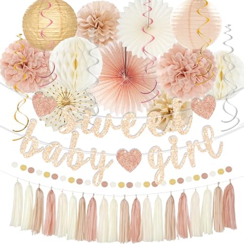 Champagne-Gold Beige Fall Boho Baby Shower Party Decorations - Sweet Baby Girl Banner Peach White Paper Lanterns Streamers Tissue Pom Poms Blush Beige Boho Paper Tassel Rustic Backdrop Decor