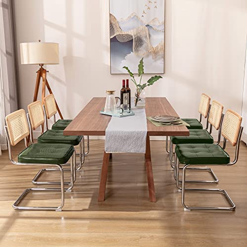 Image of Zesthouse Natural Rattan Dining Chairs Set of 6, Mid Century Modern Dining Room Chairs with Chrome Leg, Faux Leather Kitchen Chair with Solid Wood Back & Cane Mesh, Breuer Cesca Design Inspired, Green