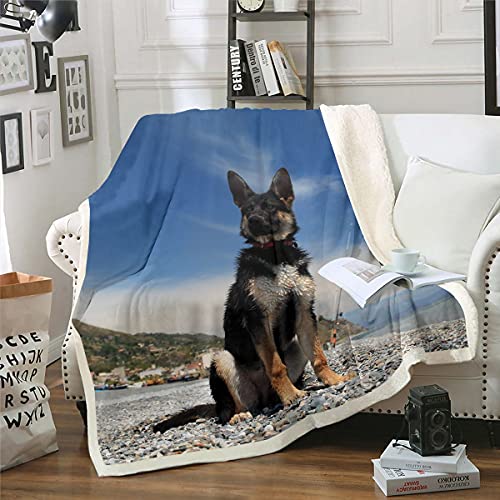 Erosebridal German Shepherd Plush Bed Blanket For Kids Boys Teens Men 3D Cool Hound Dog Throw Blanket Pet Animal Theme Sherpa Blanket Beach Ocean Island Fleece Flanket Queen 90"X90" Blue #TOP22
