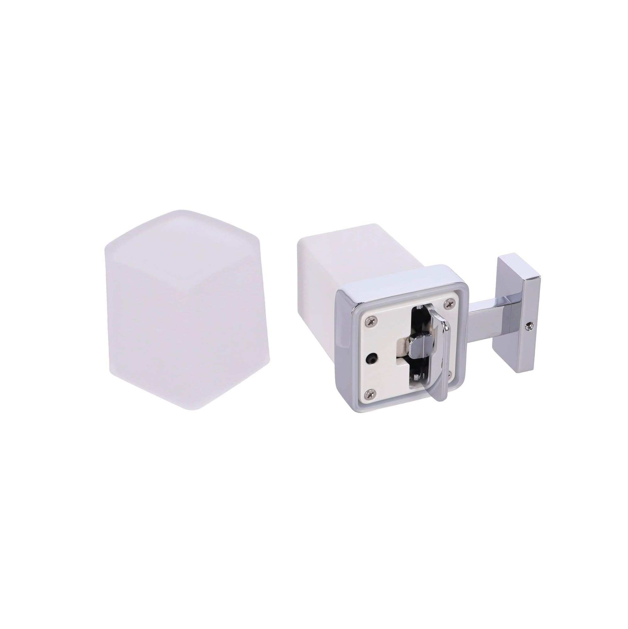INDA | Jabonera de pared con palanca (6 x 10,7 x 10,6 cm) | Serie Lea, con recipiente de cristal satinado, de latón, fácil de instalar, anticorrosión, diseño esencial - cromado