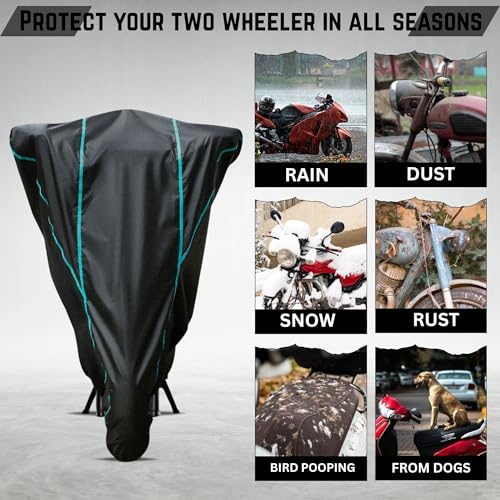 Image of Elite Water Resistant Bike Cover for TVS Apache RTR 160 4V Rain, UV & Dust Protection, Universal Fit, All-Weather Water Resistant Two-Wheeler Cover, Keeps Bike Cool (Black with Aqua Piping)