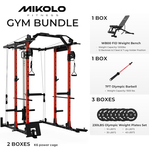 Image of Mikolo Power Cage, Power Rack with Cable Crossover System, 1500LBS Squat Rack with LAT Pull Down System, Workout Cage with Pulley System for Fitness Home Gym