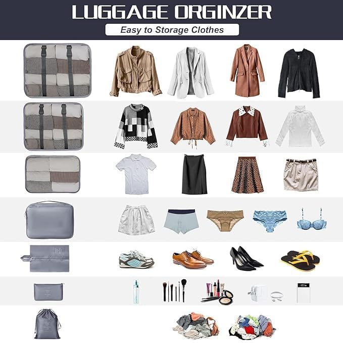 Image of 7pcs Set Travel Organizer Packing Cubes Lightweight Travel Luggage Organizers with Laundry Bag or Toiletry Bag Laundry Organiser. (Grey)