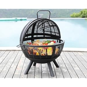 Fissfire 35 Inch Sphere Fire Pit with Grill, Outdoor Wood Burning Flaming Ball FirePit with Grill, Pivot Spark Screen, Backyard Patio Camping Beach Bonfire Pit