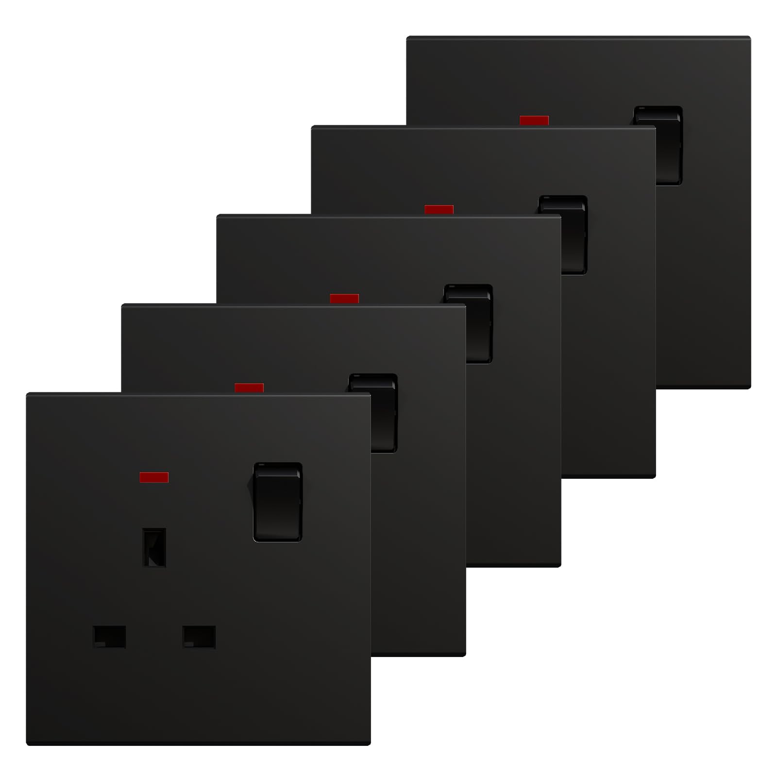 BSEED Single Socket 5 Pack, Electrical Single Switched Power Plug Wall Socket with LED Indicator, PC Wall Plate Outlet, Black, 13A