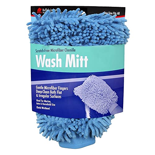 Buffalo Industries (68573) Blue Microfiber/Chenille Wash Mitt with Elastic wristband, Pack of 1, Gentle Microfiber Fingers Deep-Clean Flat & Irregular Surfaces, Scratch-Free Microfiber Material