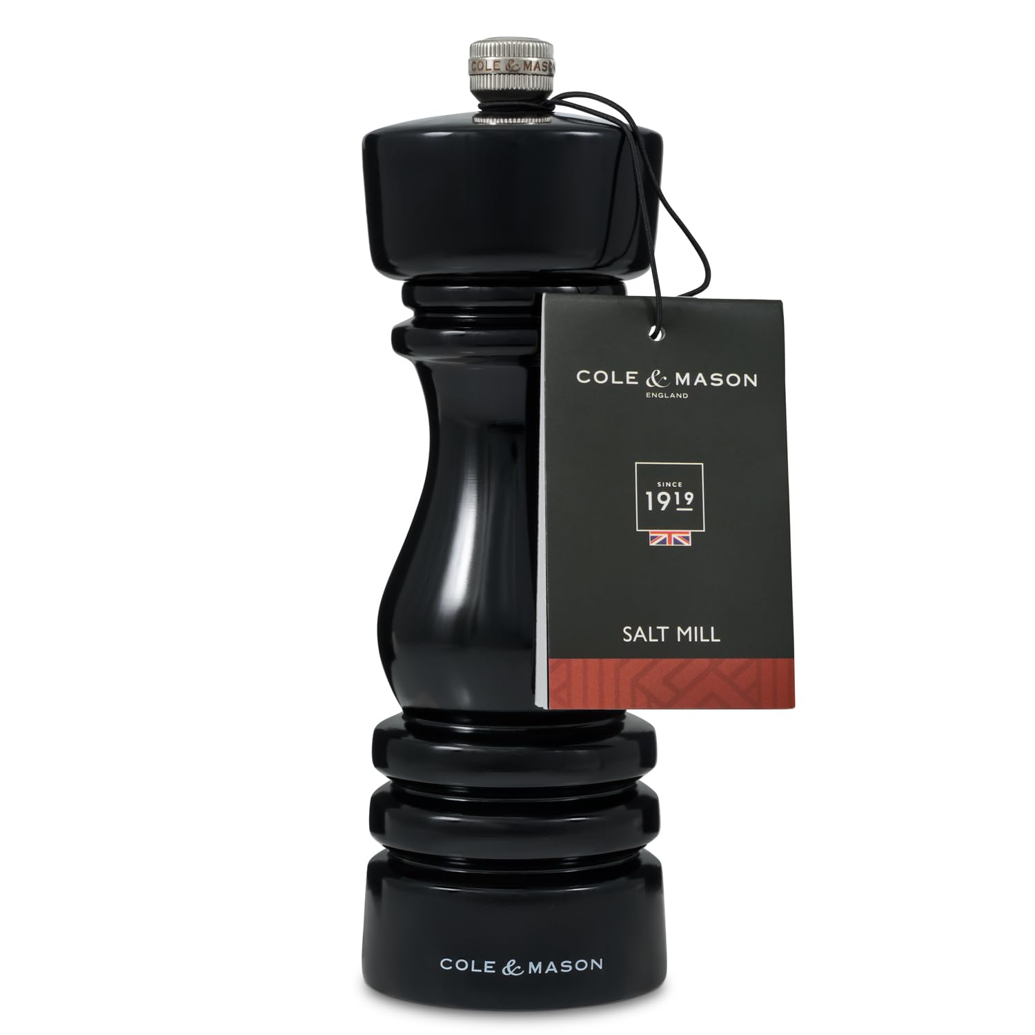 Cole & Mason London Black Gloss Salt Mill, 18cm Salt Grinder with Adjustable Grind, Non Corroding Ceramic Mechanism - Image 2