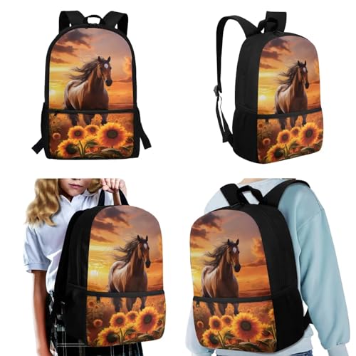 TOADDITDO Horse Girls Backpack with Lunch Box and Pencil Case Sunflower Middle School School Bag Large Capacity Travel Shoulder Bags Laptop Backpacks Daypack Back Packs Mochilas Escolares Para NiñOs2