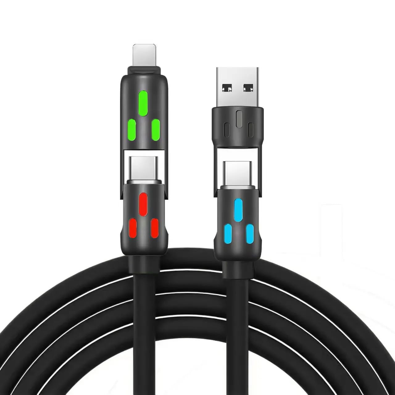 4 in 1 Fast Charging Cable, Silicone, with Colored LED Lights, 240W 6A Mobile Charging Cable Type C PD 27W (Black, 6.28 FT.)