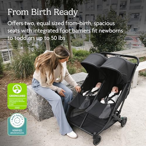 Image of UPPAbaby Minu Duo Side-by-Side Double Stroller - Lightweight + Compact Design for Travel - Easy Fold- from Birth to Toddler - Independent Recline -James (Black /Carbon Frame /Black Leather)