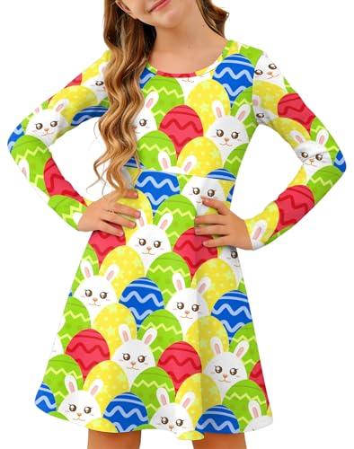 Image of Ithalt Girls Easter Dress Bunny Print Shirts Easter Long Sleeve Dresses Litter Girls Christian Easter Gifts 5-12y