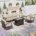 Kurapika Aluminum Patio Furniture Set 5-Seat Modern Metal Outdoor Conversation Sets w/45in Propane Fire Pit Table, Swivel Rocking Chairs Patio Sectional Sofa w/5.1 Inch Cushion, Sand