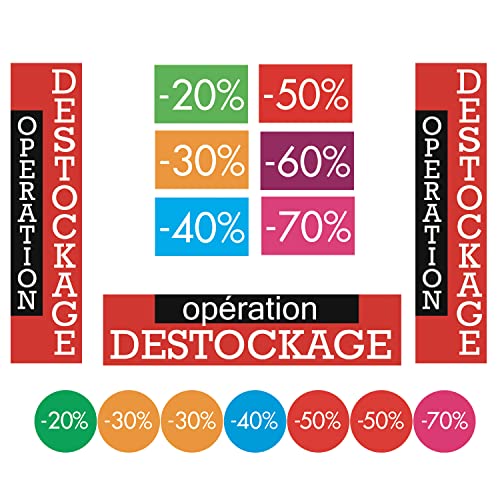 Affichesstore 30121 - Kit de 9 Affiches Papier Opération Destockage - 20% 30% 40% 50% 60% 70% & 315 Stickers - 20% 30% 40% 50% 70%