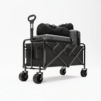 Collapsible Wagon Cart, 750LBS Foldable Beach Wagon with All Terrain Wheels and 2 Drink Holders for Shopping, Grocery, Camping, GardenBlack