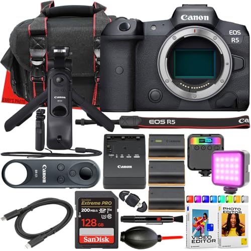 Canon EOS R5 Mirrorless Camera Body + Canon HG-100TBR Tripod Grip & BR-E1 Wireless Remote Control + 128 GB Memory + RGB LED Light + 2pc Extra Battery + More (18pc Bundle) (Renewed)