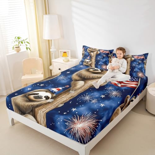 Erosebridal Kids Sloth Bedding Set American Flag Queen Fitted Sheet Happy Independence Day Bed Sheets Cute Cartoon Wildlife Animal Fitted Bed Sheet for Boys Girls Teen Room Decor