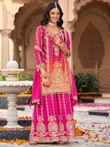 Image of INDO ERA Women's Silk Blend Embroidered Straight Kurta & Palazzo with Dupatta Set (IEOUT10598)