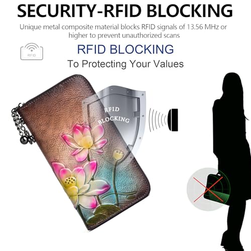 Image of Wallet Genuine Leather for Women - with RFID Blocking Card checkbook ID Slot Large Capacity Vintage style (lotus coffee)