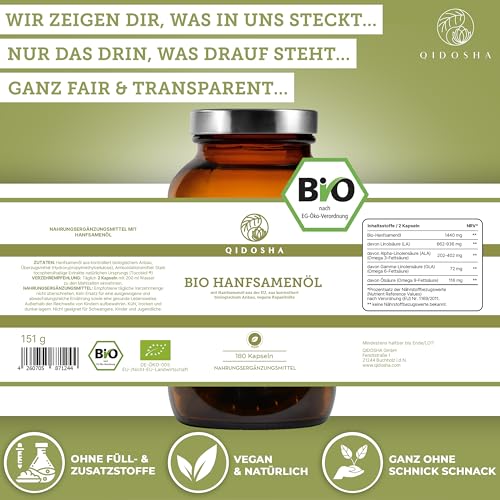 QIDOSHA® Bio Hanfsamenöl Kapseln vegan, 180 Stk, Hanfsamen aus Frankreich und Kanada, 1440 mg je Tagesportion (2 Kapseln), hoher Anteil an Omega 3, 6 und 9 Fettsäuren