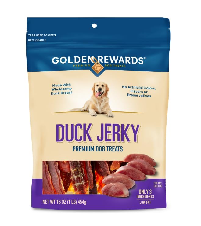 Golden|Rewards Duck Jerky Dog Treats Premium Protein-Rich Chewy Snacks for Dogs Natural Duck Flavor Training Treats No Artificial Colors or Flavors 16 oz Bag