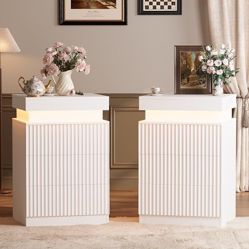 Image of Nightstand Set of 2 for Bedroom, LED Nightstand with 3 Drawers and Charging Station, Mid Century Modern Fluted Nightstands, Bedside Tables & End Tables, White