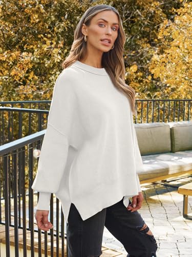 Image of LILLUSORY Women's Oversized Batwing Sweaters 2026 Fall Outfits Trendy Crewneck Knit Side Slit Fashion Pullover Tops