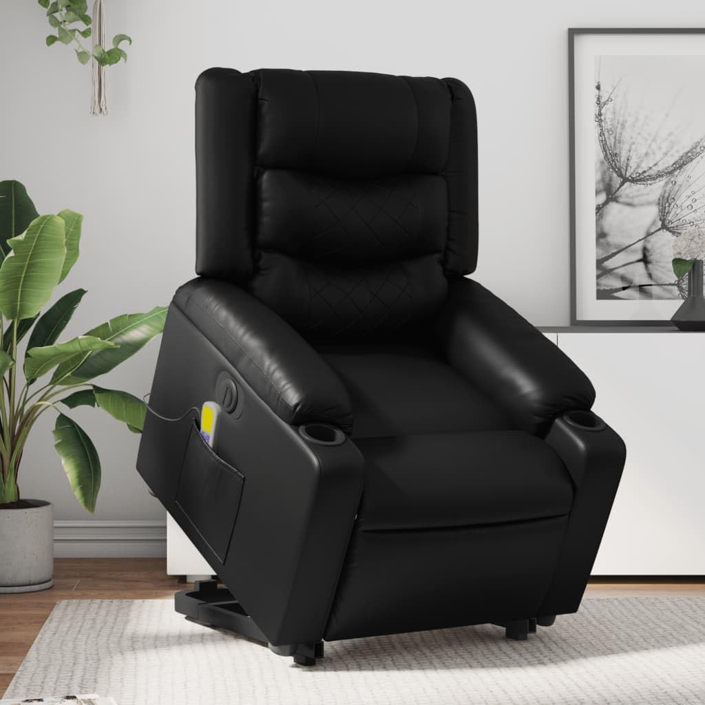 Sillón elevador eléctrico reclinable de piel sintética negra con 6 puntos de vibración y función de elevación automática para un asiento cómodo y relax total