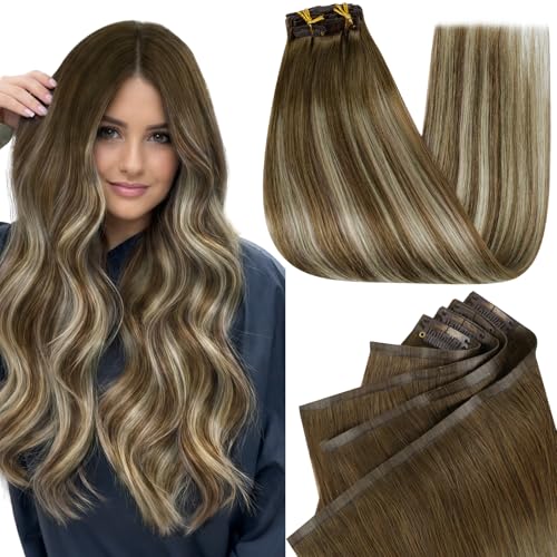 Image of Full Shine Seamless Clip in Hair Extensions Human Hair, 20 Inch 150g 8 Pcs Brown Ombre Light Brown Mix Blonde Hair Extensions Clip Ins for Women, Invisible PU Skin Weft, Thick Hair for Volume