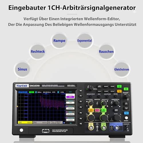 Hantek Oszilloskop 2 kanal, 500 MHz Oszilloskop mit 1 CH 25 MHz Wellenformgenerator, mit 2 GS/s Abtastrate, Ideal für Ingenieure, Hobbyanwender, Diagnose, Tests und Reparaturen (Hantek DSO2D50/500MHz)