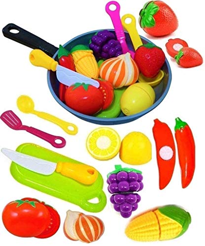 Cutting Toy Fruits and Vegetables - Cooking Pot - Cut Play Food Kitchen Accessories Set for Kids with Toy Knife & Cutting Board - Play Utensils - Toddlers, Boys & Girls Fake Food Pretend Playset
